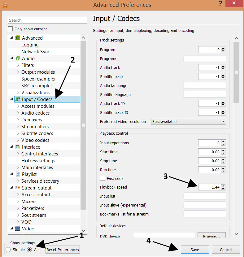 Advanced Speed Settings Preferences of VLC