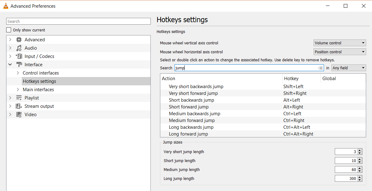 Jump Hotkey Settings in VLC