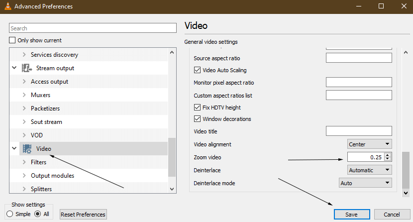 Video Zoom through Advanced Preferences